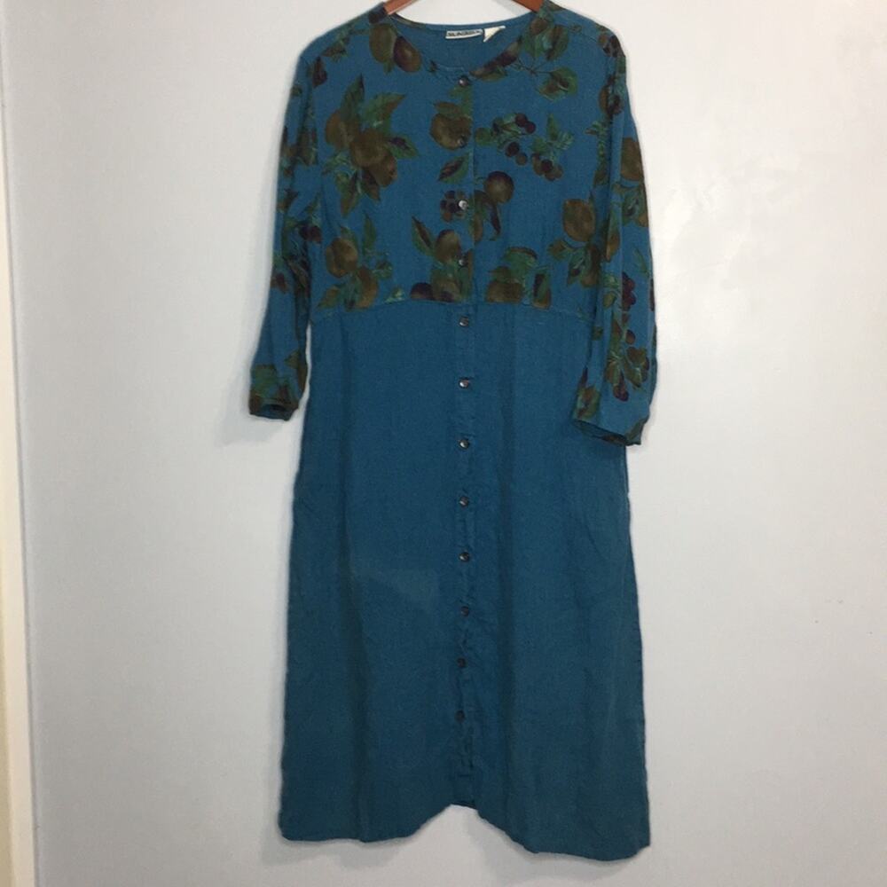 Vintage Sunbelt 100% linen fruit print button up long sleeve maxi dress sz L